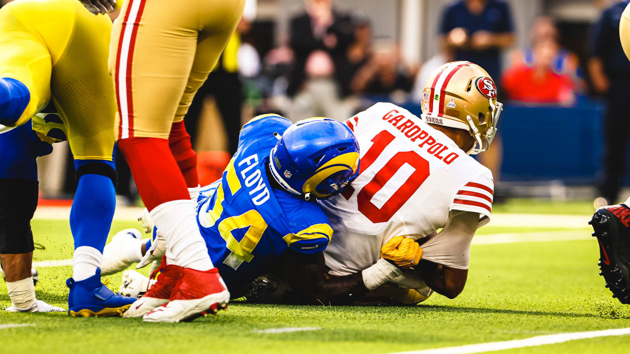 Los Angeles Rams linebacker Leonard Floyd flies past the 49ers