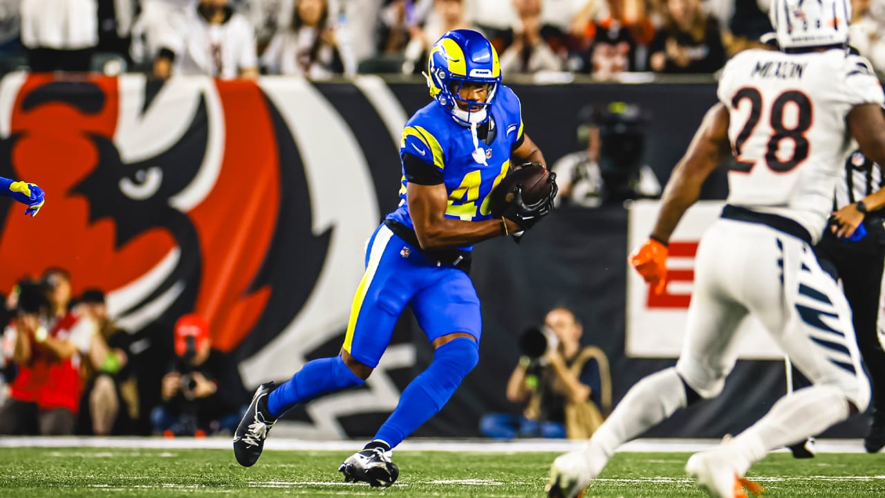 Los Angeles Rams defensive back Ahkello Witherspoon rips away the ball for  an interception