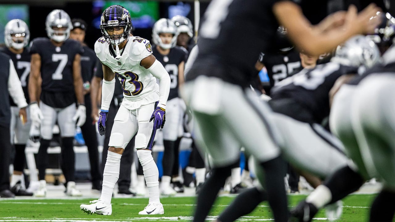 Las Vegas Raiders cornerback Anthony Averett (29) watches action against  the New England Patriots during the first half of an NFL preseason football  game, Friday, Aug. 26, 2022, in Las Vegas. (AP