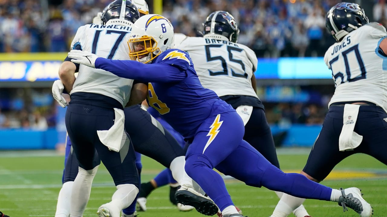 Kyle Van Noy of the Los Angeles Chargers looks down field against