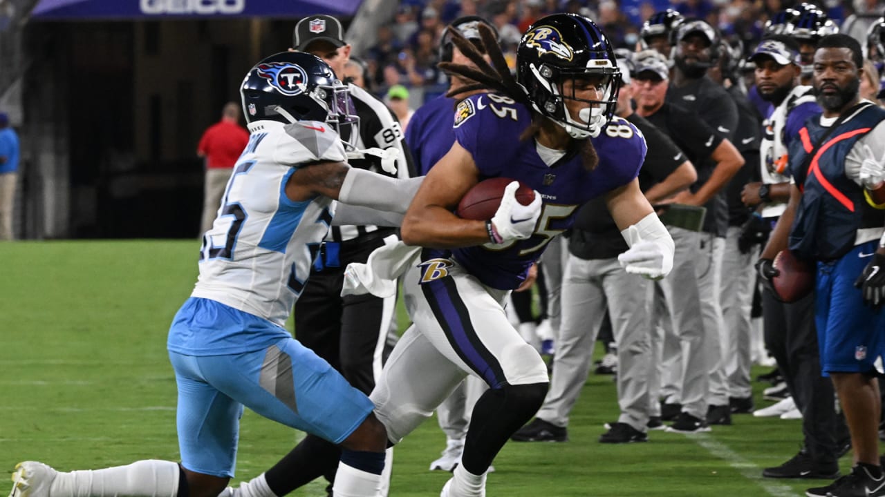 Baltimore Ravens wide receiver Shemar Bridges (85) in action during the  first half of an preseason NFL football game against the Tennessee Titans,  Thursday, Aug. 11, 2022, in Baltimore. (AP Photo/Nick Wass