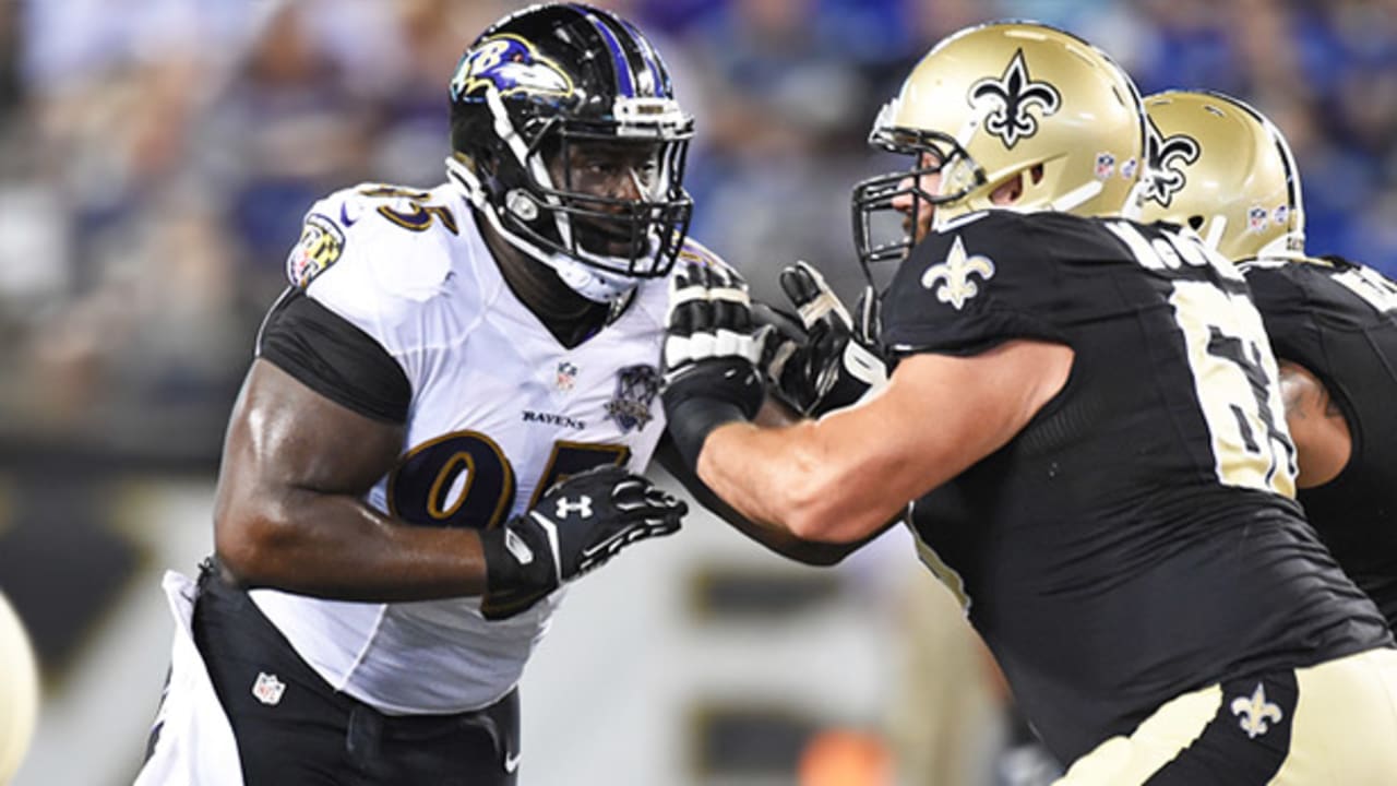 Baltimore Ravens OLB Elvis Dumervil (58) pictured during a preseason  matchup against the Washington Redskins at