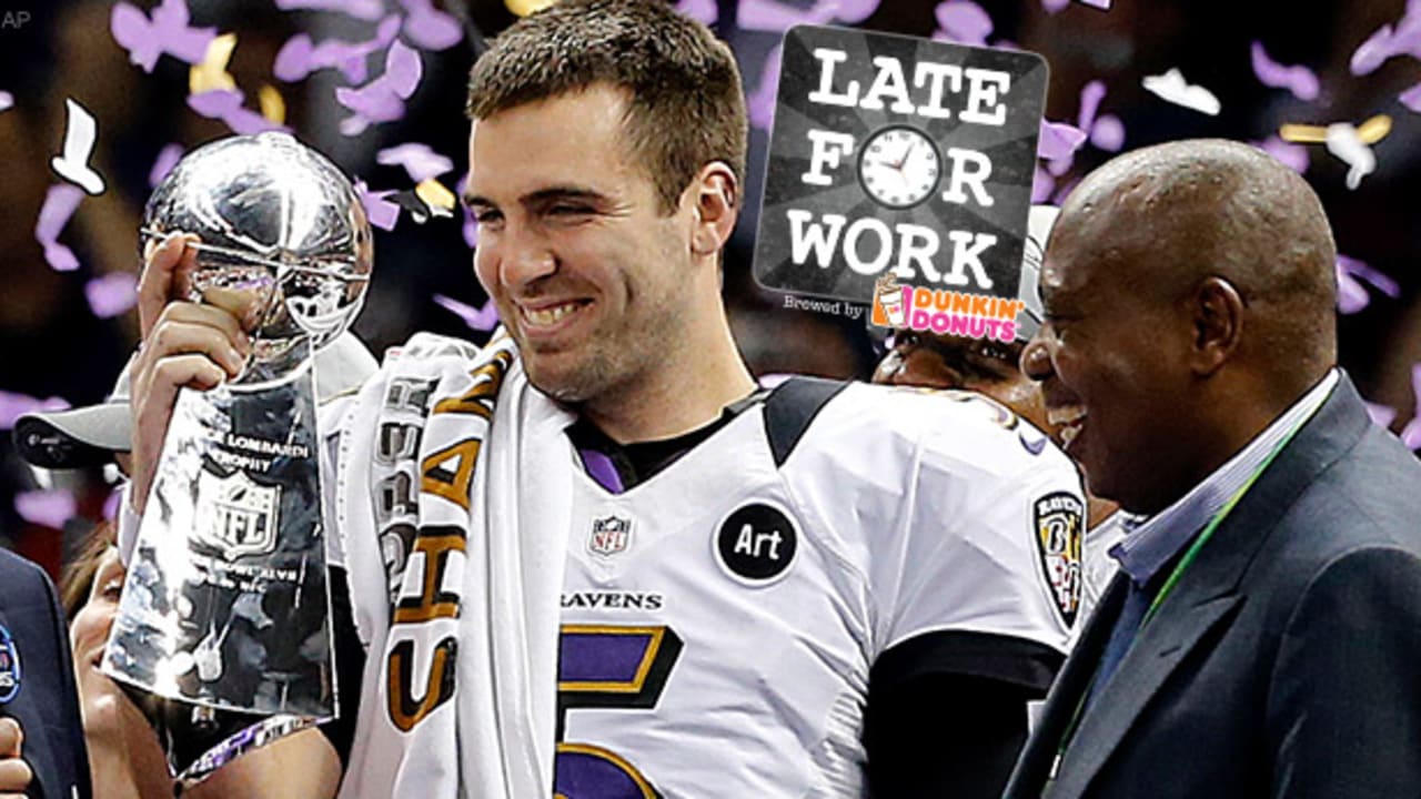 Joe Flacco holding the Lombardi trophy after winning the Super Bowl in 2013.