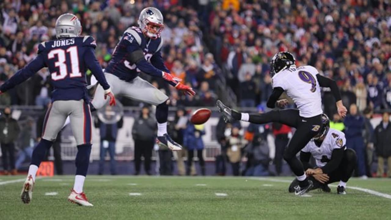 Baltimore Ravens place kicker Justin Tucker and holder Jordan Stout  celebrate Tucker's 56-yard field goal during an NFL football game against  the New England Patriots at Gillette Stadium, Sunday, Sunday, Sept. 24