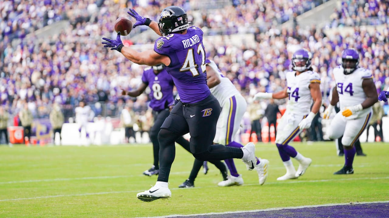 Baltimore Ravens fullback Patrick Ricard (42) takes to the field before an  NFL football game between the Miami Dolphins and the Baltimore Ravens,  Sunday, Sept. 18, 2022, in Baltimore. (AP Photo/Nick Wass