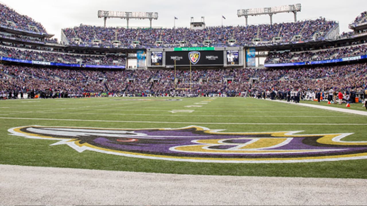 A general view of a football on the field during Baltimore Ravens