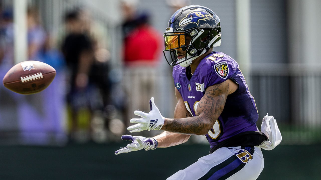 Baltimore Ravens wide receiver Tylan Wallace (16) prior to an NFL football  game between the Baltimore Ravens and the New England Patriots, Sunday,  Sept. 25, 2022, in Foxborough, Mass. (AP Photo/Michael Dwyer