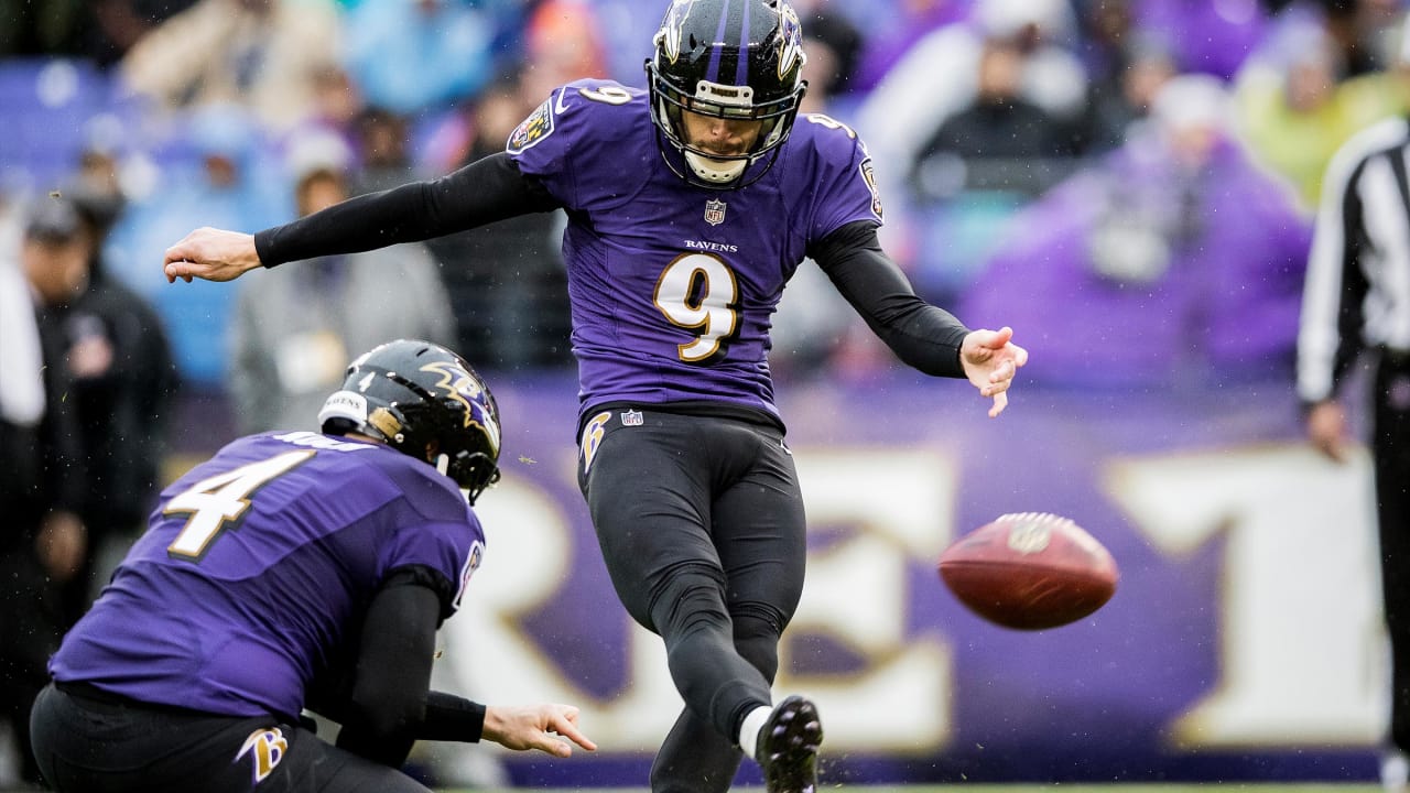 Baltimore Ravens kicker Justin Tucker kicks a ball prior to an NFL football  game between the Baltimore Ravens and the Houston Texans, Sunday, Sept. 10,  2023, in Baltimore. The Ravens won 25-9. (