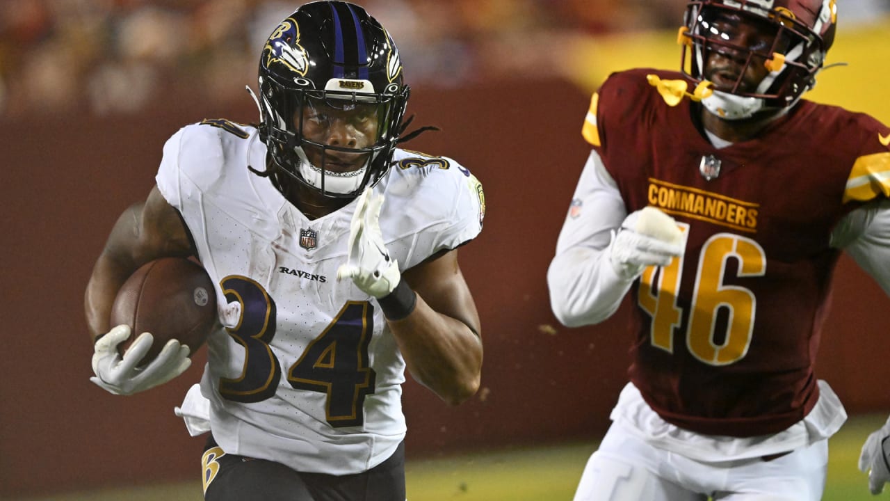 Baltimore Ravens running back Keaton Mitchell outruns Washington  Commanders' defense on 31-yard sprint