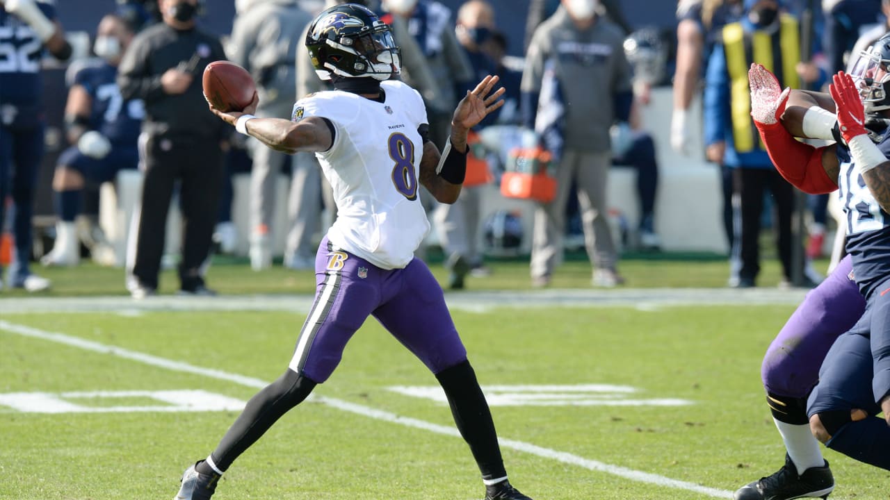 Baltimore, United States. 11th Jan, 2020. Baltimore Ravens quarterback  Lamar Jackson (8) looks to the sideline during the second quarter of their  division playoff game against the Tennessee Titans at M&T Bank