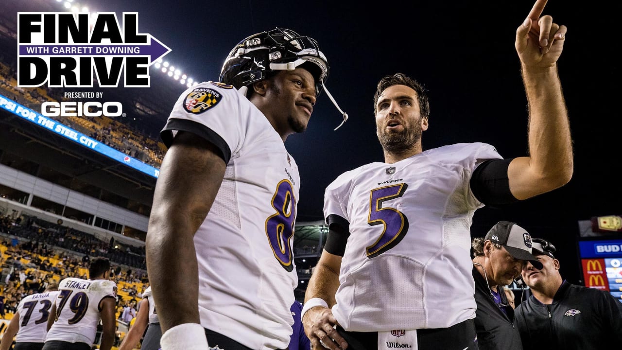 Baltimore Ravens Ray Lewis reacts with Joe Flacco after the game against  the New York Jets on Monday Night Football in week 1 of the NFL season at  New Meadowlands Stadium in