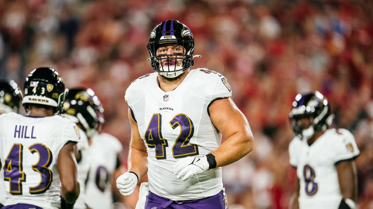 Baltimore Ravens fullback Patrick Ricard (42) walks off the field