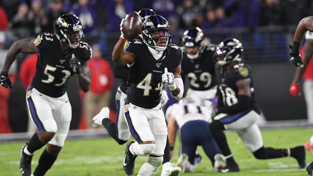 Baltimore Ravens' Marlon Humphrey (44) watches as a turnover is reversed by  video review during the fourth quarter of an NFL football game, Sunday,  Oct. 18, 2020, in Philadelphia. The Ravens defeated