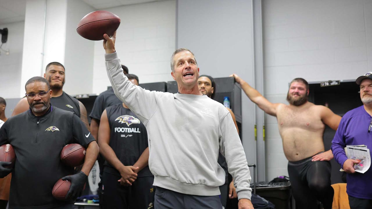 John Harbaugh Presents Game Ball To Fans