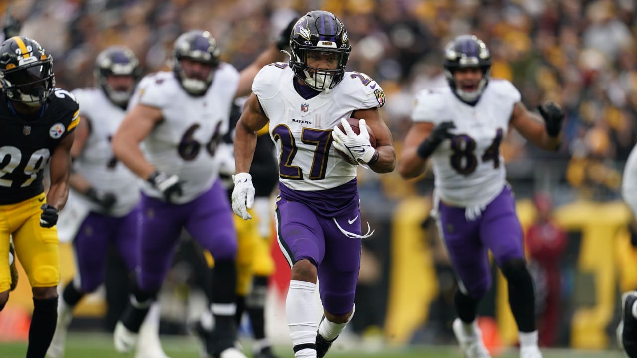 Pittsburgh, United States. 11th Dec, 2022. Baltimore Ravens running back  J.K. Dobbins (27) celebrates his touchdown in the first quarter against the  Pittsburgh Steelers at Acrisure Stadium on Sunday, December 11, 2022