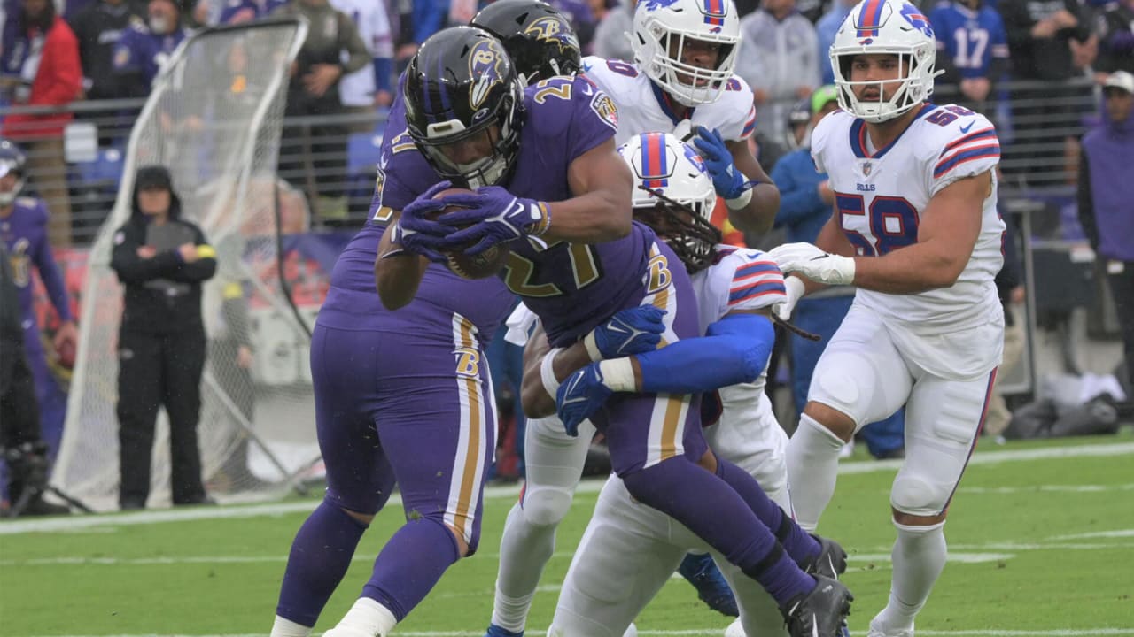 BALTIMORE, MD - OCTOBER 02: Baltimore Ravens running back J.K. Dobbins (27)  runs the ball for a touchdown during the Buffalo Bills versus Baltimore  Ravens NFL game at M&T Bank Stadium on