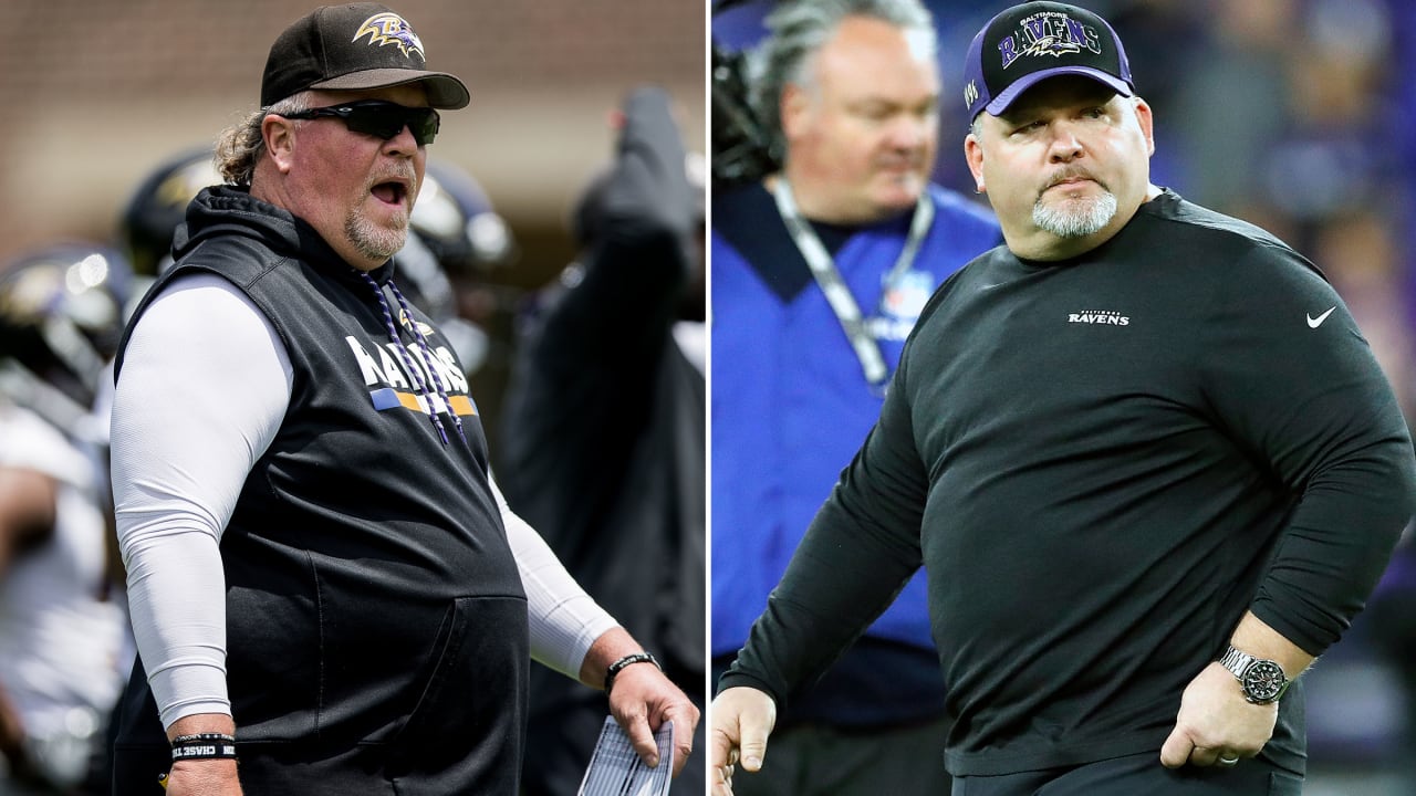 Baltimore Ravens head coach John Harbaugh, right, talks with offensive  coordinator Greg Roman during drills at the NFL football team's practice  facility, Thursday, June 16, 2022, in Owings Mills, Md. (AP Photo/Gail