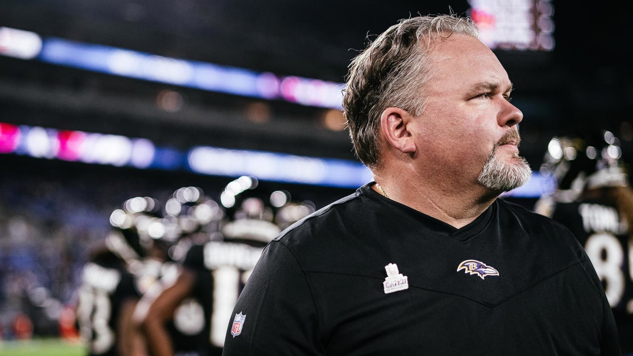 Baltimore Ravens head coach John Harbaugh, right, talks with offensive  coordinator Greg Roman during drills at the NFL football team's practice  facility, Thursday, June 16, 2022, in Owings Mills, Md. (AP Photo/Gail