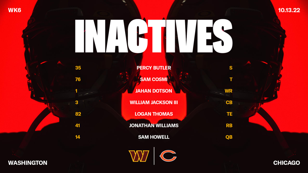 Week 6 Thursday inactives: Washington Commanders at Chicago Bears