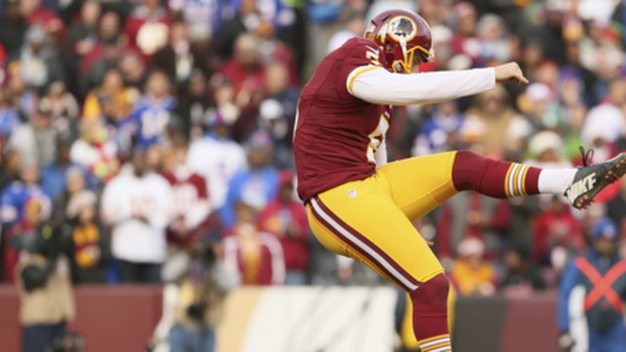 Washington Redskins punter Tress Way (5) punts from his own end zone in the  fourth quarter against the Philadelphia Eagles at FedEx Field in Landover,  Maryland on Sunday, September 10, 2017. The