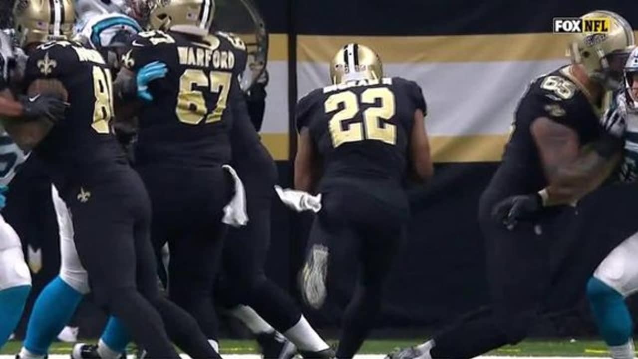 NFC running back Mark Ingram, right, of the New Orleans Saints, and  linebacker Thomas Davis Sr., of the Carolina Panthers, wrestle during Pro  Bowl NFL football practice, Wednesday, Jan. 24, 2018, in