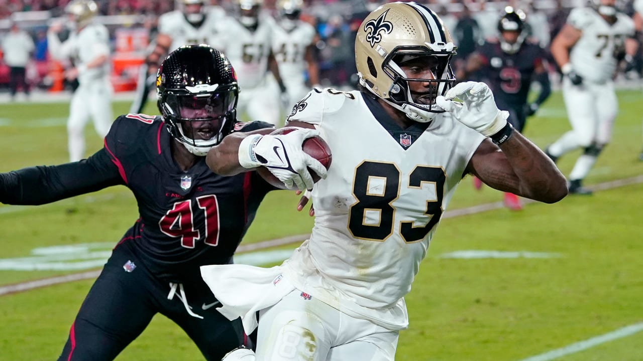 New Orleans Saints' Chris Olave (12) during the second half of an NFL  football game against the the Arizona Cardinals, Thursday, Oct. 20, 2022,  in Glendale, Ariz. (AP Photo/Darryl Webb Stock Photo - Alamy