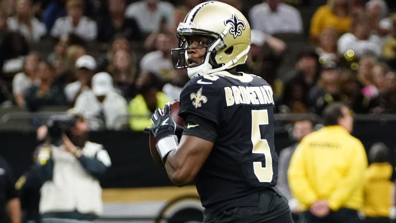 New Orleans Saints quarterback Teddy Bridgewater (5) is introduced during  player introductions, as part of pre-game festivities, before an NFL  football game in New Orleans, Sunday, Sept. 29, 2019. (AP Photo/Butch Dill