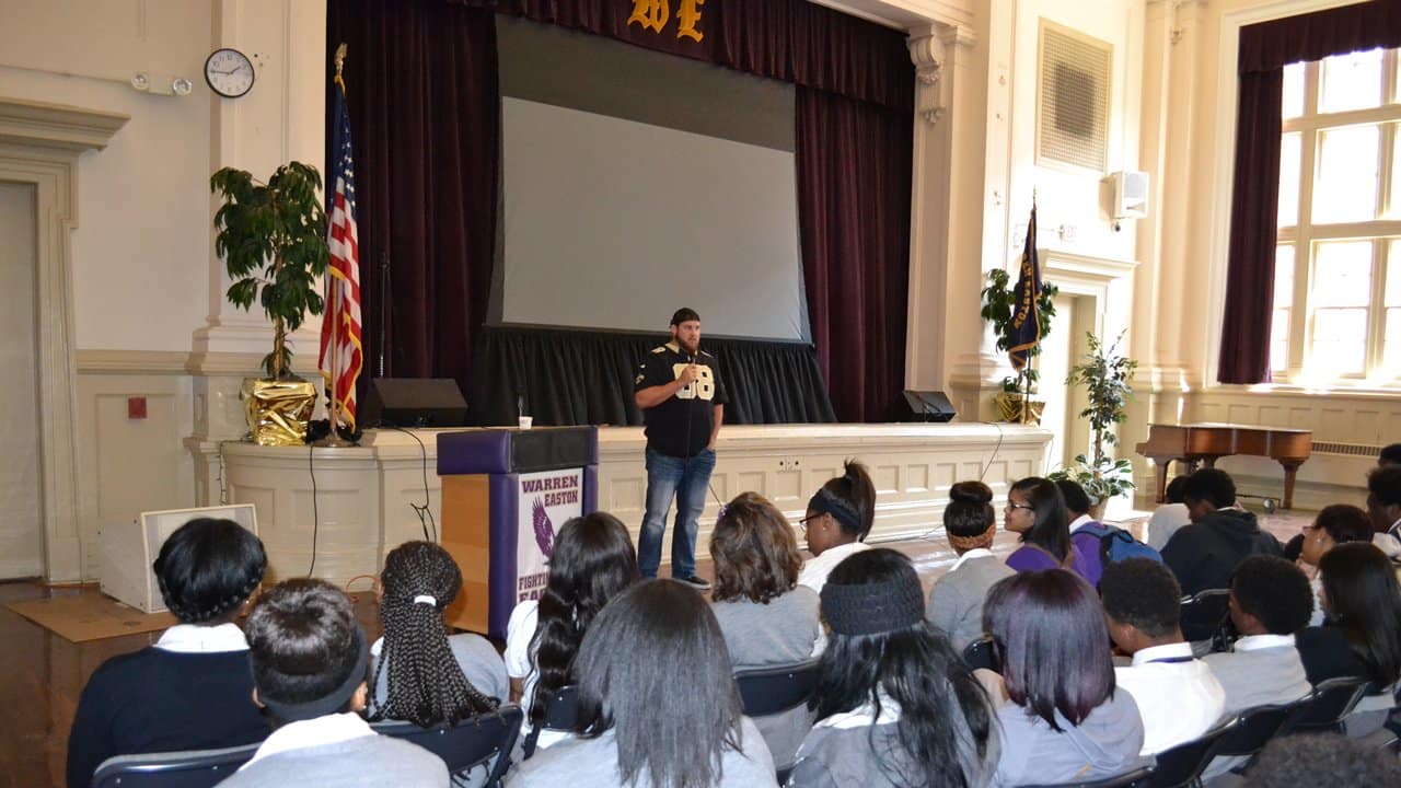Tim Lelito visits high school in Saints/National Guard Leadership program