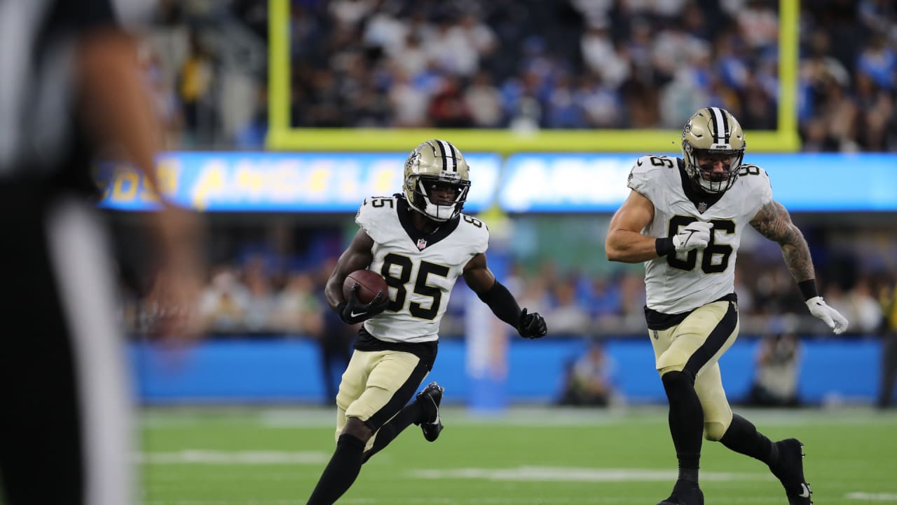 New Orleans Saints offensive lineman Mark Evans II (68), left, and  offensive tackle Nick Saldiveri (64) run through drills at the NFL team's  football training camp in Metairie, La., Wednesday, Aug. 2