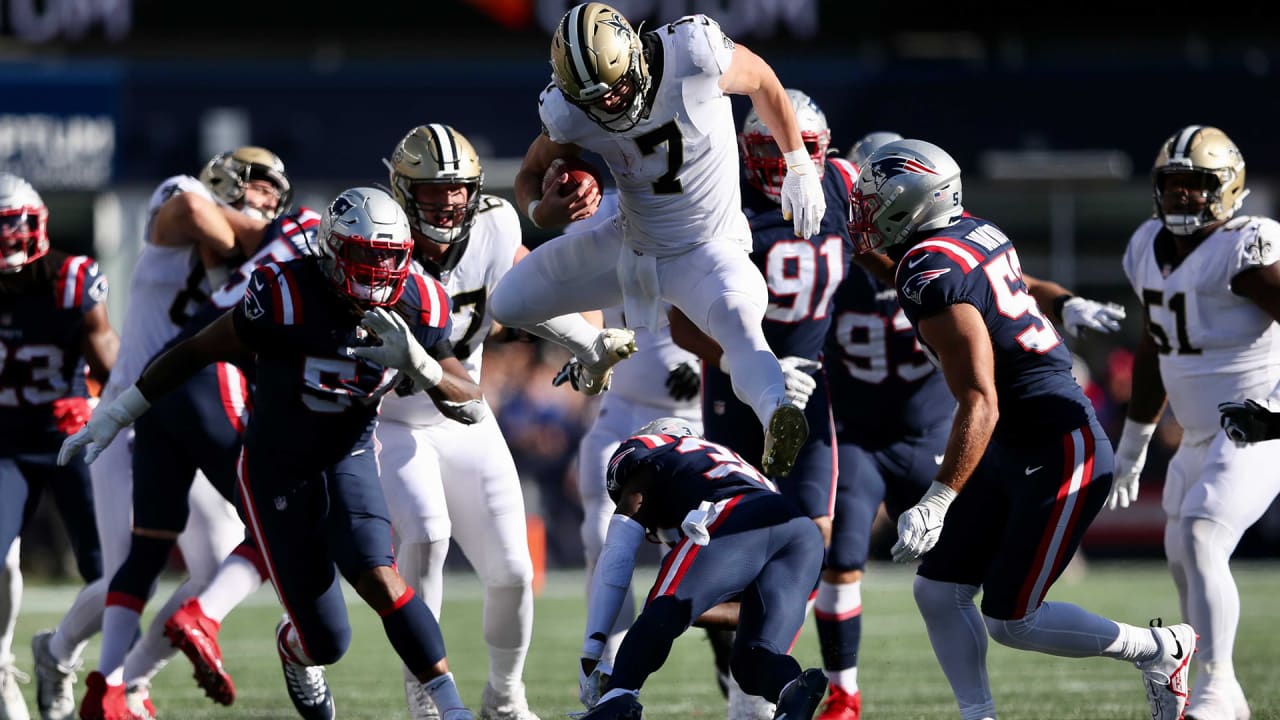 New Orleans Saints quarterback Taysom Hill (7) walks off the field  following an NFL football game against the New England Patriots, Sunday,  Sept. 26, 2021, in Foxborough, Mass. (AP Photo/Stew Milne Stock