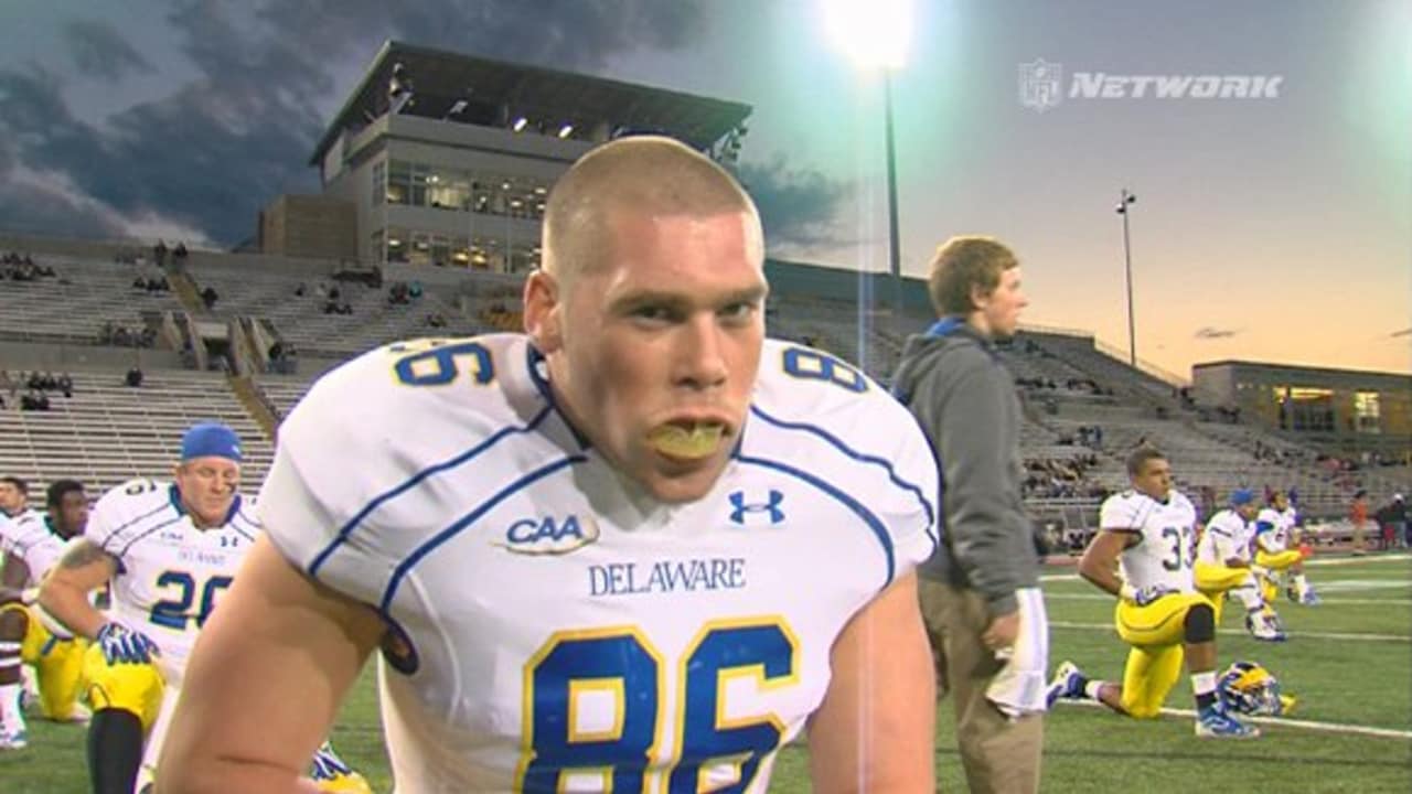 Tight end Nick Boyle (86) of Delaware sets for a north team