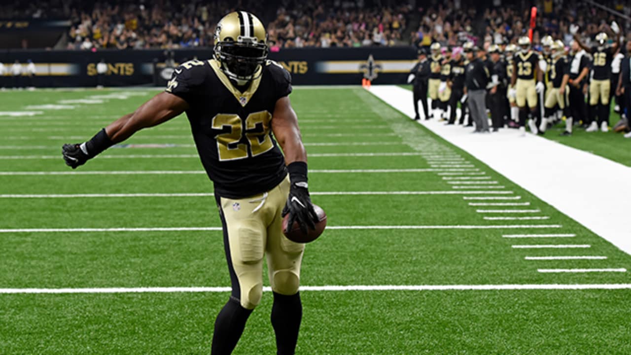 New Orleans Saints cornerback Marshon Lattimore (23) runs back an  interception of Detroit Lions quarterback Matthew Stafford pass for a  27-yards touchdown in the third quarter at the Mercedes-Benz Superdome in  New