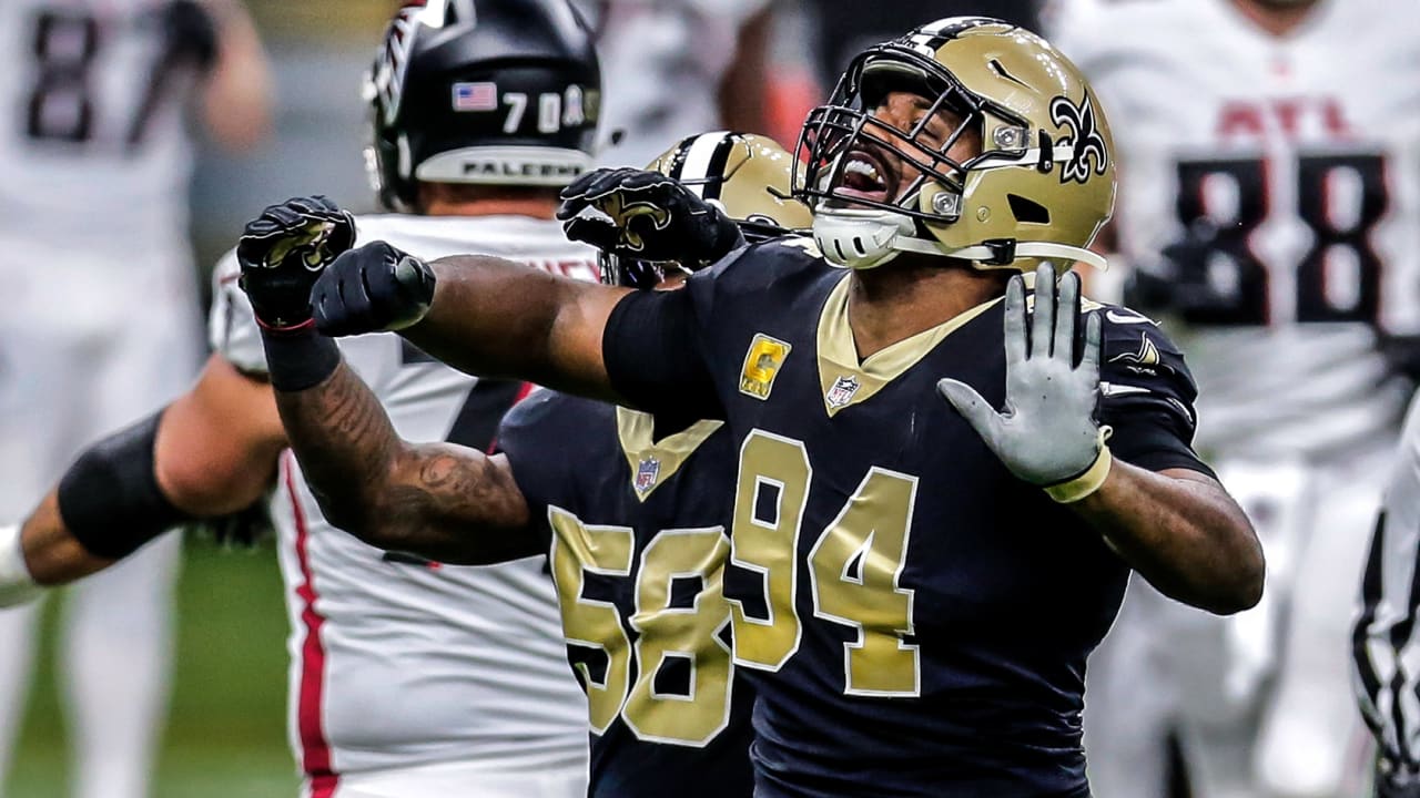 New Orleans Saints defensive end Cameron Jordan (94) signals during the  second half of an NFL football game against the Atlanta Falcons, Sunday,  Sep. 11, 2022, in Atlanta. The New Orleans Saints