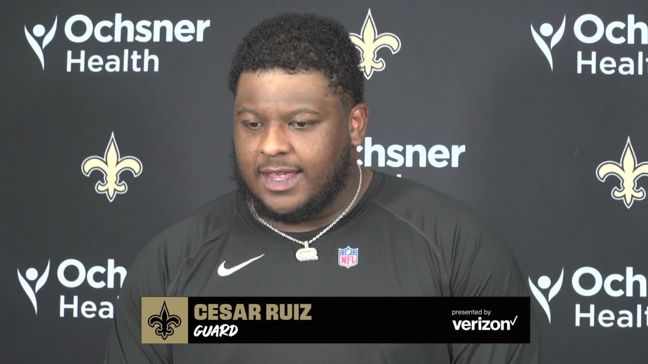 New Orleans Saints center Cesar Ruiz (51) in action during an NFL football  game against the Minnesota Vikings at Tottenham Hotspur Stadium, Sunday, Oct.  2, 2022, in London. The Minnesota Vikings won