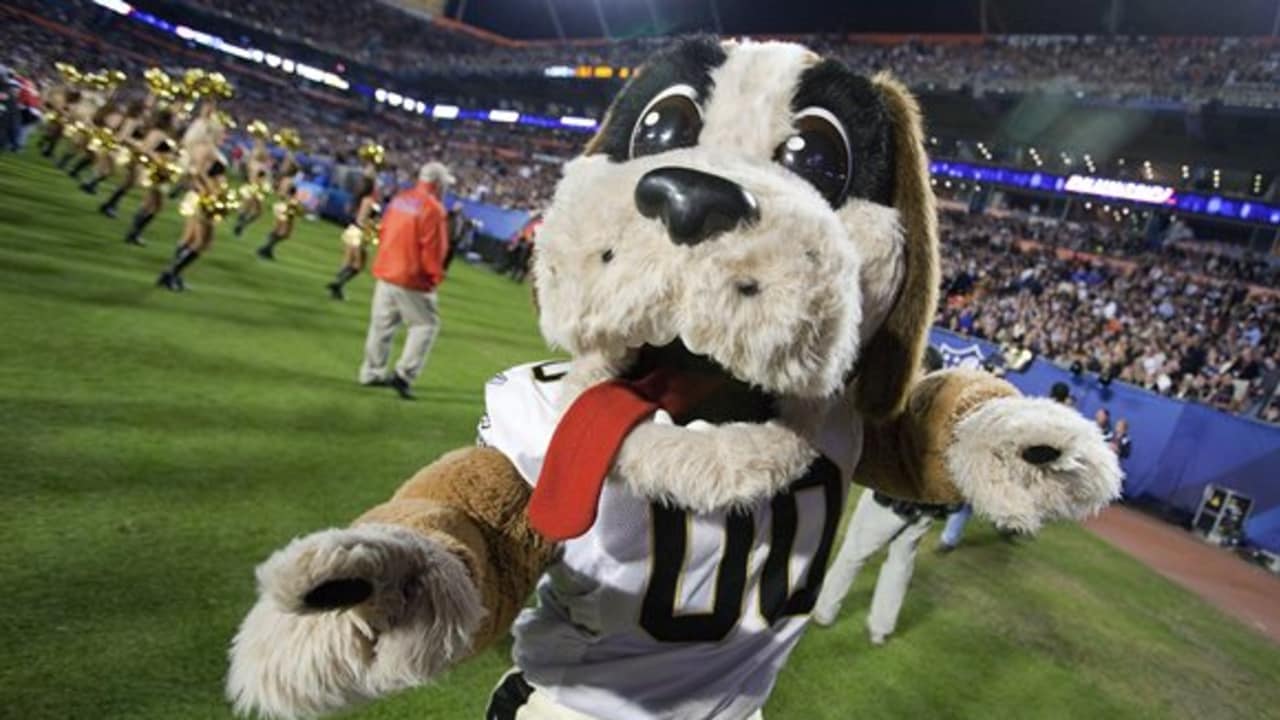 New Orleans Saints mascot Gumbo greets fans arriving to watch