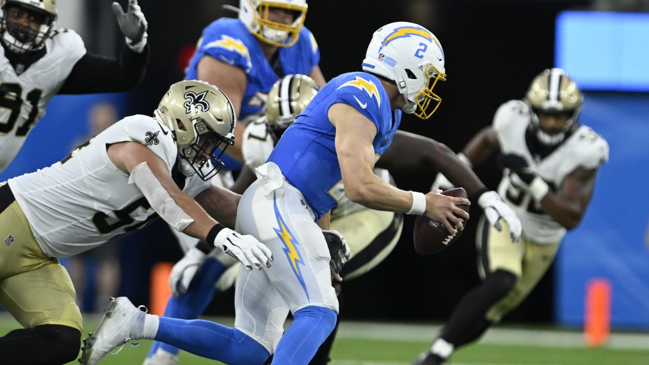 New Orleans Saints defensive end Niko Lalos (60) in action during an NFL  preseason football game against the Los Angeles Chargers, Friday, Aug. 26,  2022, in New Orleans. (AP Photo/Tyler Kaufman Stock