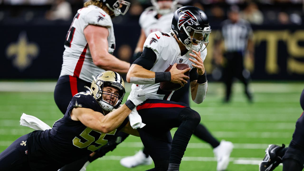 Atlanta Falcons linebacker Kaden Elliss (55) sacks Green Bay Packers  quarterback Jordan Love (10) during the first half of an NFL football game,  Sunday, Sept. 17, 2023, in Atlanta. (AP Photo/Brynn Anderson