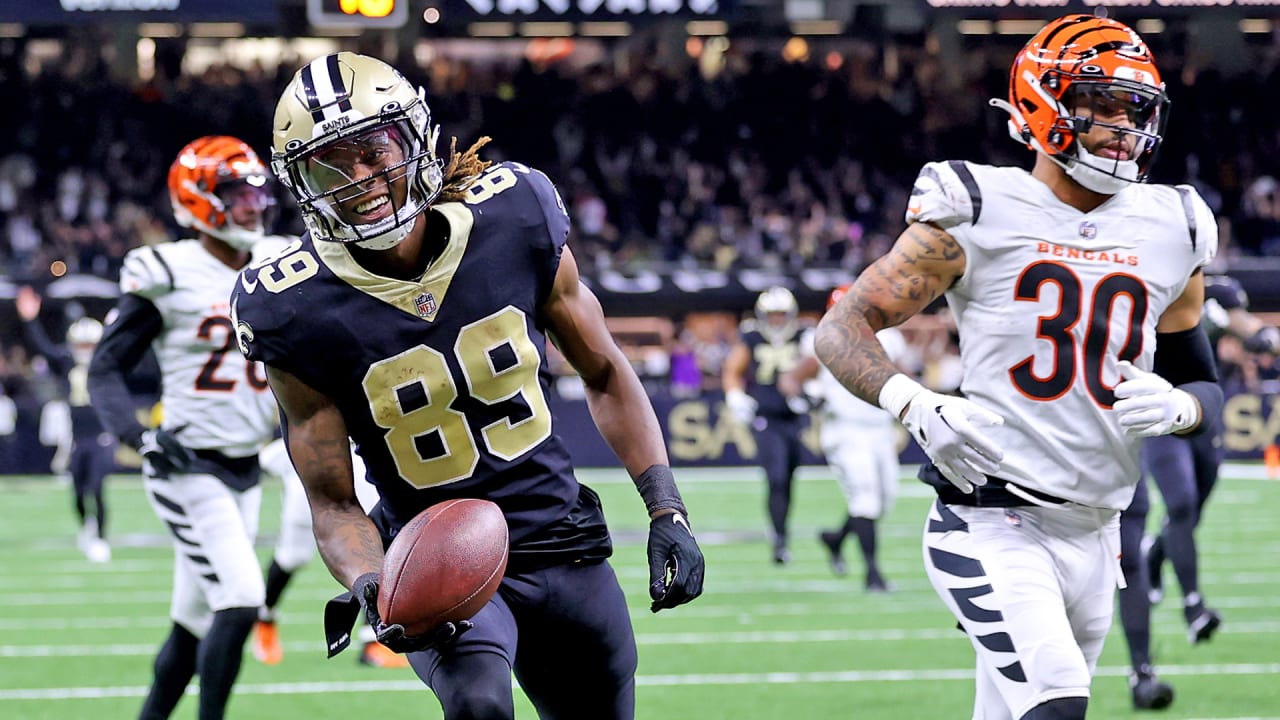 New Orleans Saints wide receiver Rashid Shaheed (89) poses for a photo  after an NFL preseason