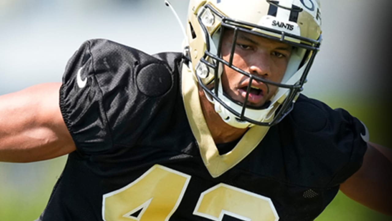 New Orleans Saints linebacker Isaiah Pryor (42) lines up for the snap  during an NFL preseason game against the Houston Texans on Saturday, August  13, 2022, in Houston. (AP Photo/Matt Patterson Stock