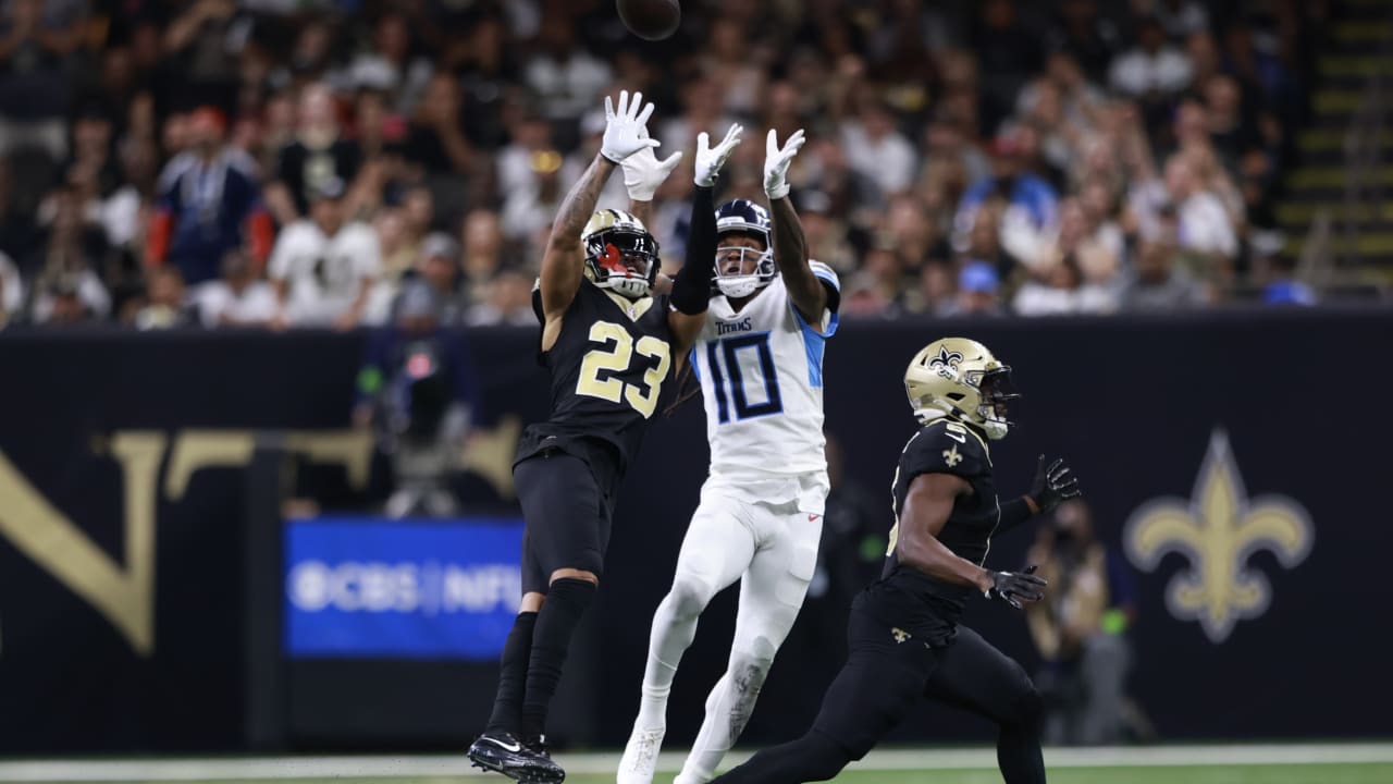 Philadelphia, United States. 01st Jan, 2023. New Orleans Saints cornerback Marshon  Lattimore (23) celebrates his touchdown after making an interception  against the Philadelphia Eagles during the second half in week 17 of