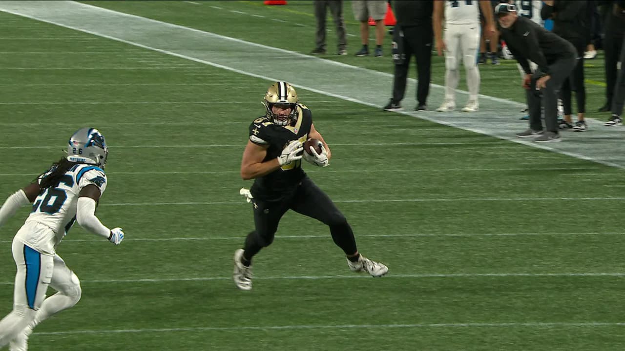 New Orleans Saints linebacker Zack Baun (53) returns a blocked field goal  during an NFL football game against the Carolina Panthers, Sunday, Sep. 19,  2021, in Charlotte, N.C. (AP Photo/Brian Westerholt Stock