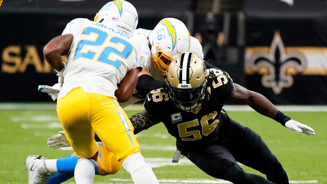 New Orleans Saints cornerback Vincent Gray (35) reacts to a play during an  NFL preseason football game against the Los Angeles Chargers, Friday, Aug.  26, 2022, in New Orleans. (AP Photo/Tyler Kaufman