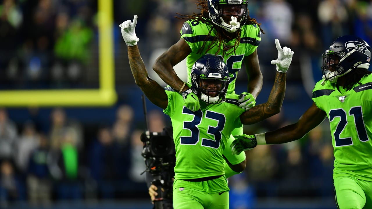 October 3, 2019: Seattle Seahawks safety Tedric Thompson (33) celebrates  his interception after an instant replay overruled the call on the field of  an incomplete pass during a game between the Los