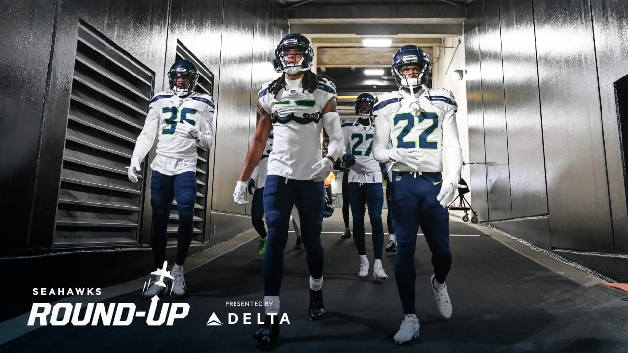 Seattle Seahawks quarterback Jake Luton passes the ball during warmups  before an NFL football game against