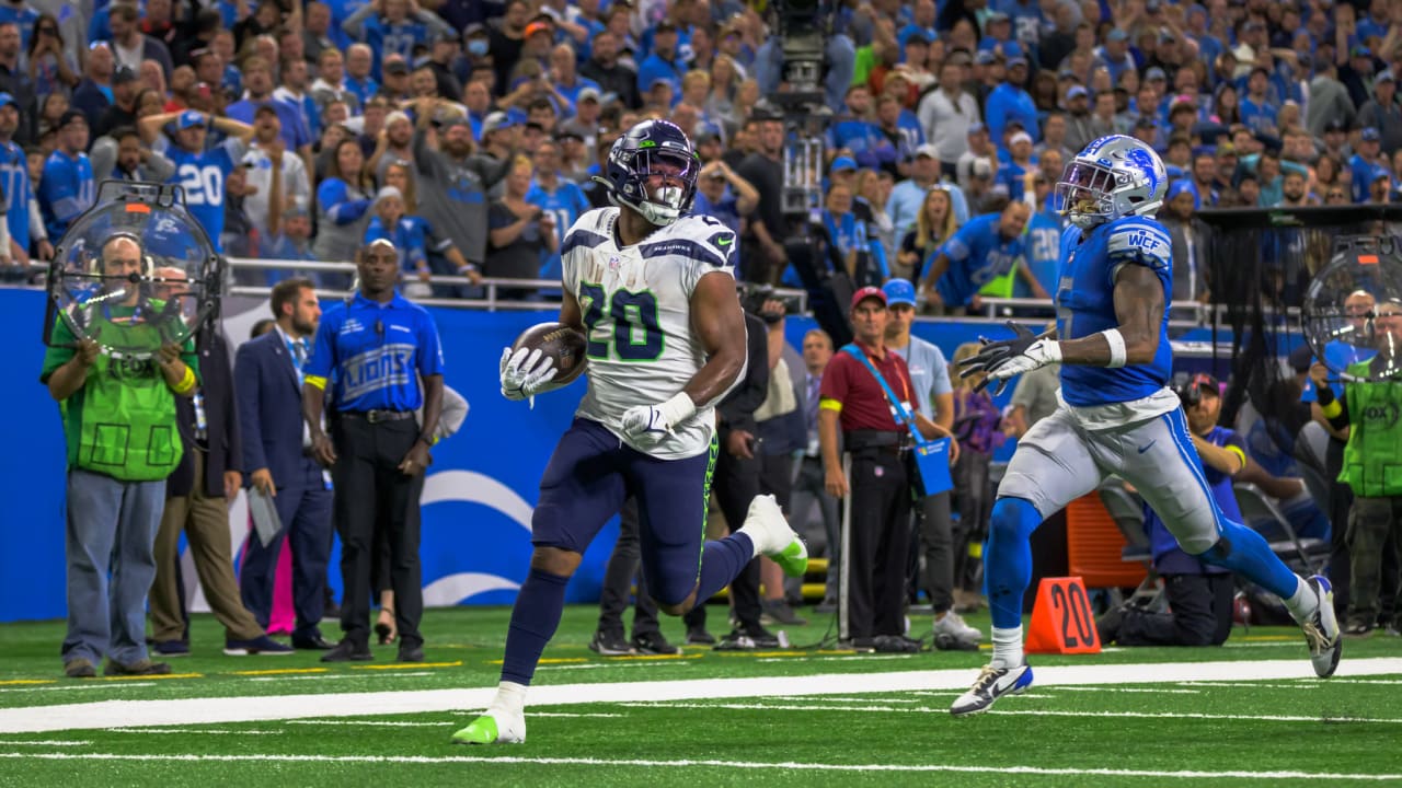 Seattle Seahawks running back Rashaad Penny dashes into the end