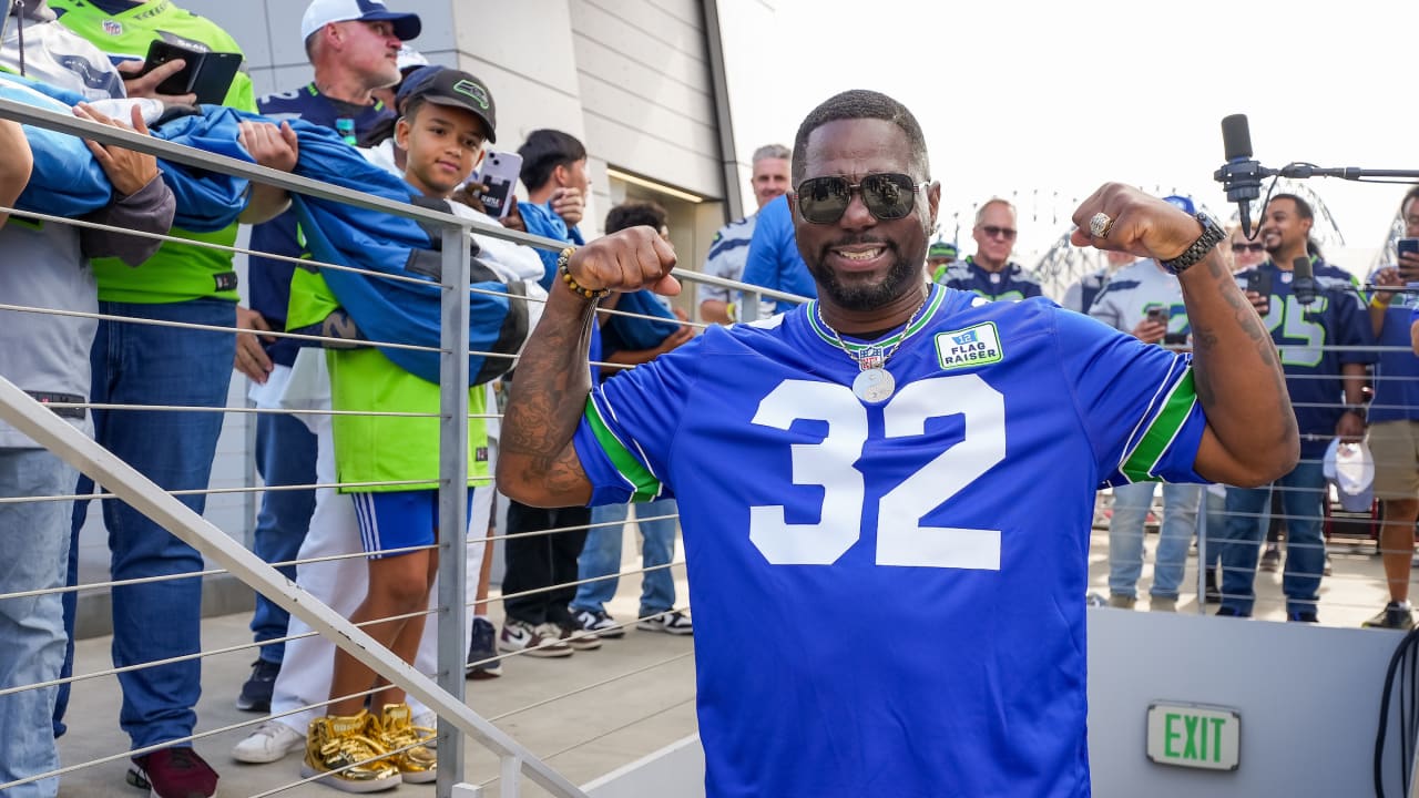 Ricky Watters of the Seattle Seahawks celebrates with Teammate