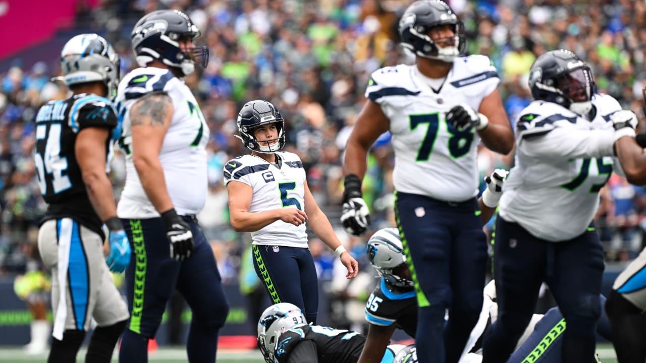 Seattle Seahawks place kicker Jason Myers (5) runs down the field