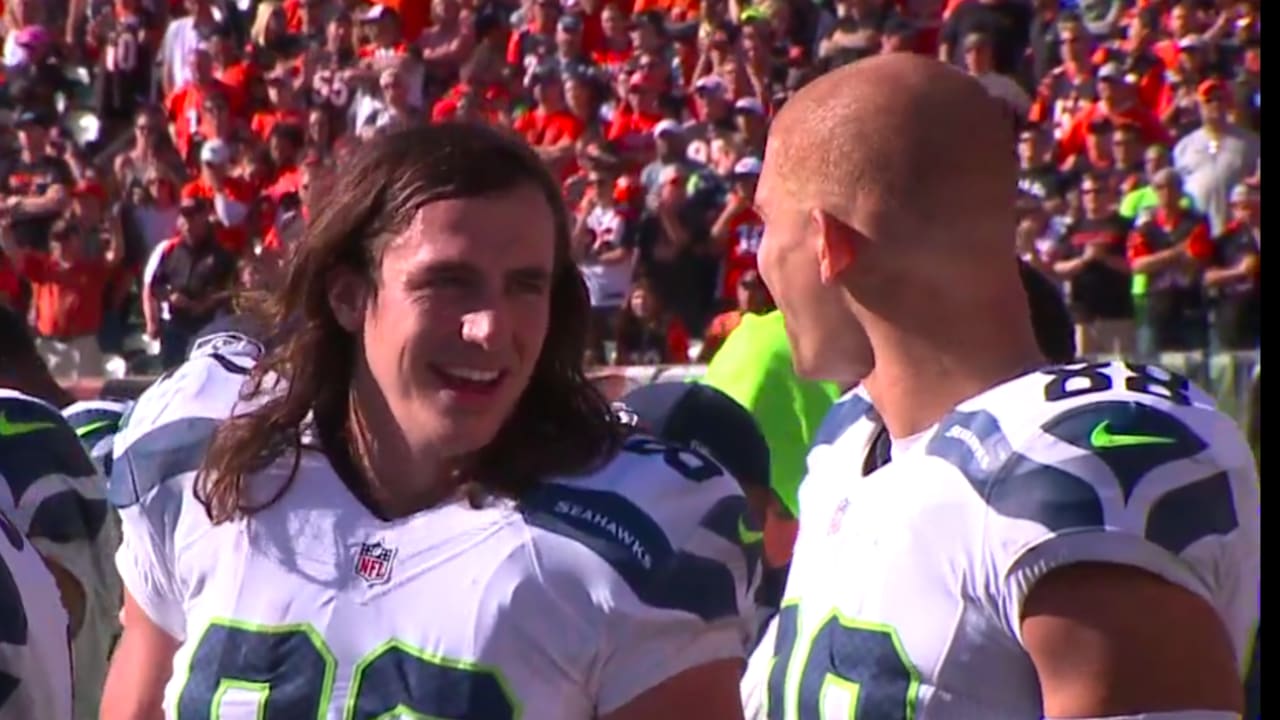 Seattle Seahawks Tight end Jimmy Graham #88 celebrates with tightened Luke  Willson after catching a 35-yard touchdown pass from Russell Wilson against  the Philadelphia in the second quarter.at CenturyLink Field in Seattle