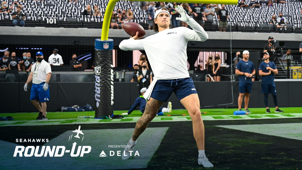 Seattle Seahawks quarterback Alex McGough (5) looks down field after  passing the ball during the fourth quarter of a game against the Los  Angeles Chargers played at the StubHub Center in Carson