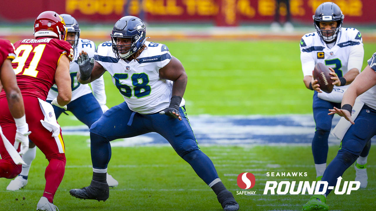 Seattle Seahawks guard Damien Lewis (68) gets set during an NFL football  game against the Carolina